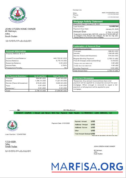 Realistic South Sudan Ivory bank mortgage statement in Word and PDF formats download for verification